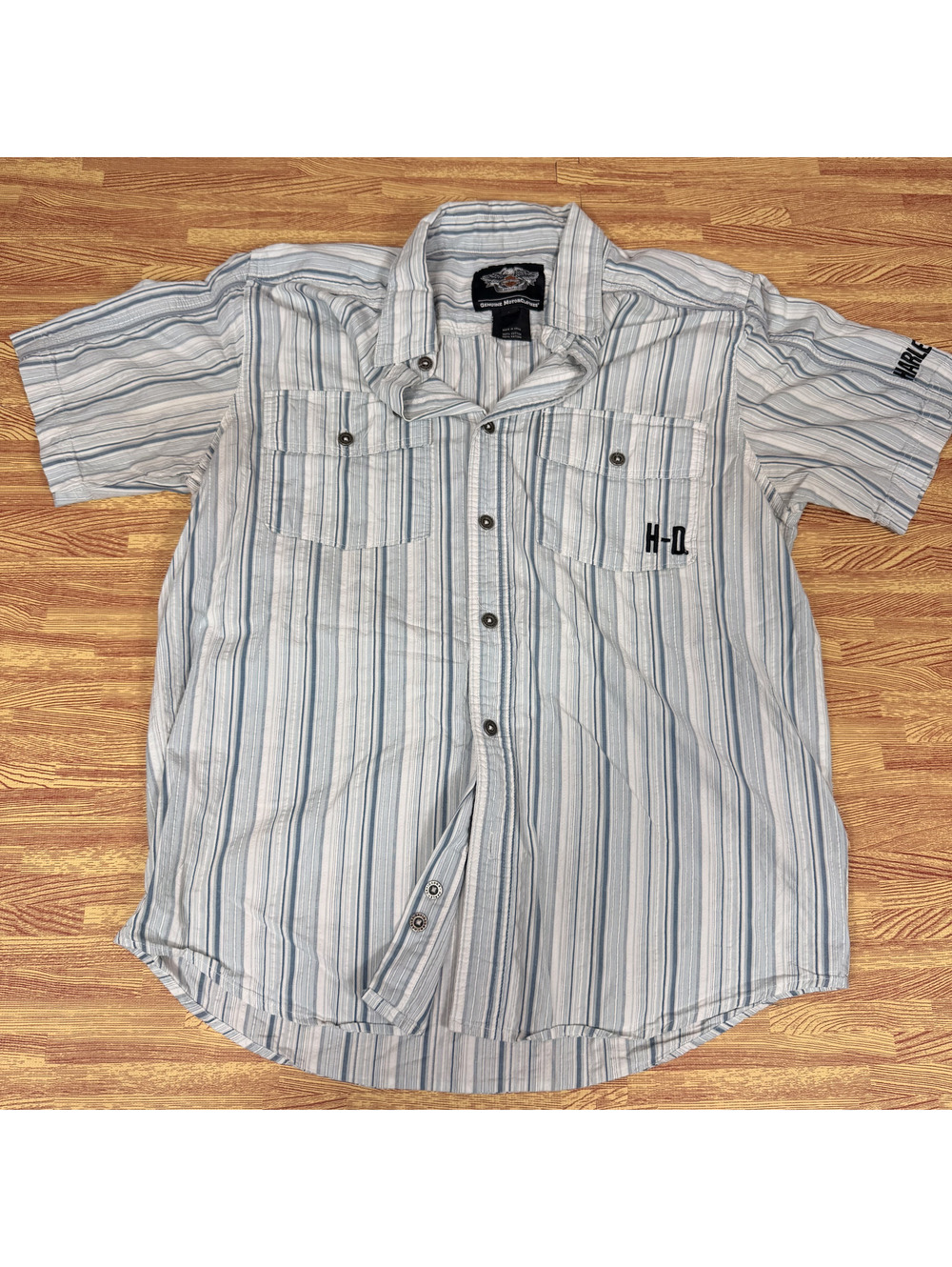 Harley-Davidson MotorClothes Mens M Blue Stripe Short Sleeve Button Up Shirt
